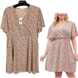 NEW Nemidor Size US 22 V-Neck Boho Swing Wrap Dress Pockets Coral Pink Floral